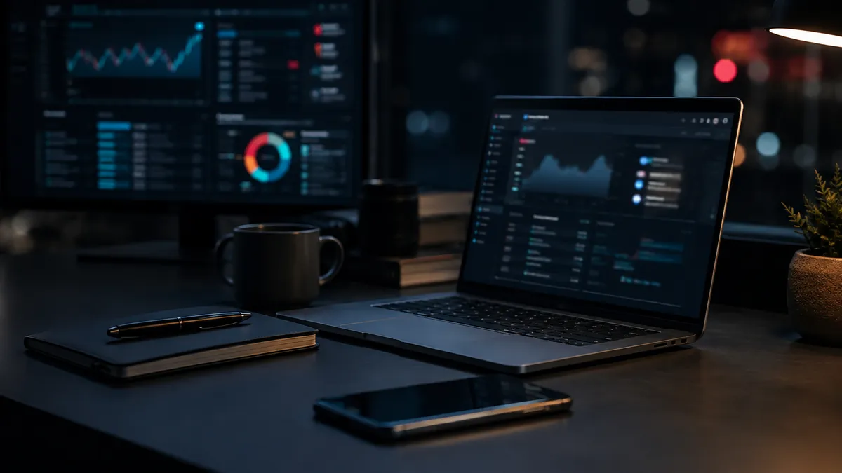 Estação de trabalho da Zanolla Assessoria com painéis de tráfego pago, gráficos de campanha e relatórios de desempenho abertos em monitor e notebook