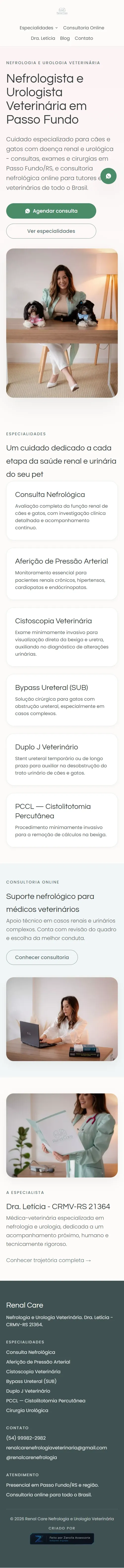 Site de veterinária especialista criado pela Zanolla Assessoria, visto no celular — 16 páginas otimizadas para busca local